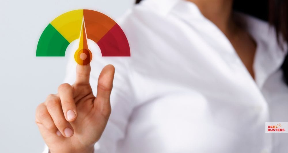 Woman pointing at credit score gauge while exploring what is a good credit score Australia.