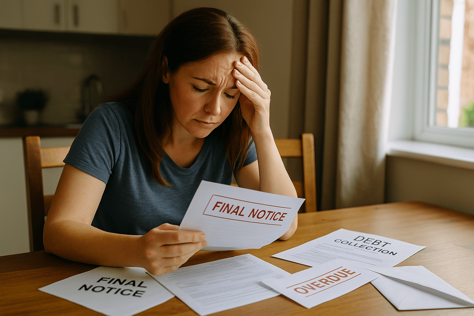 Worried woman reads overdue notices, raising questions about how long debt can be chased in Australia.