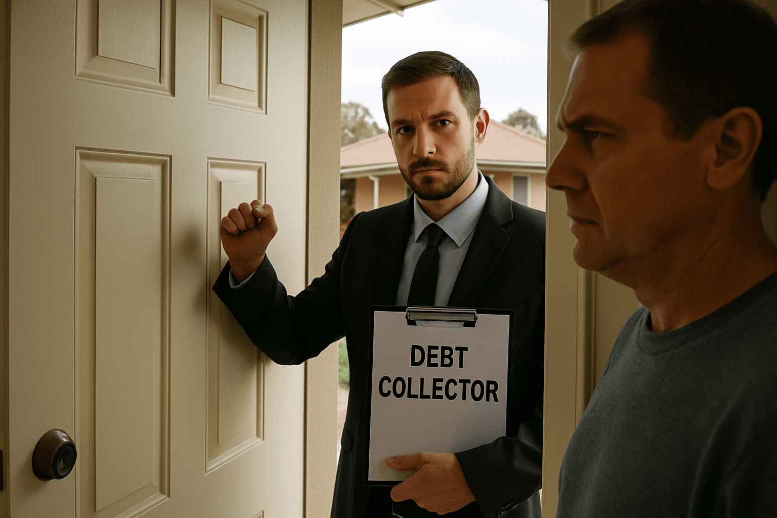 A debt collector visits a home, symbolising how long a debt can be chased in Australia.