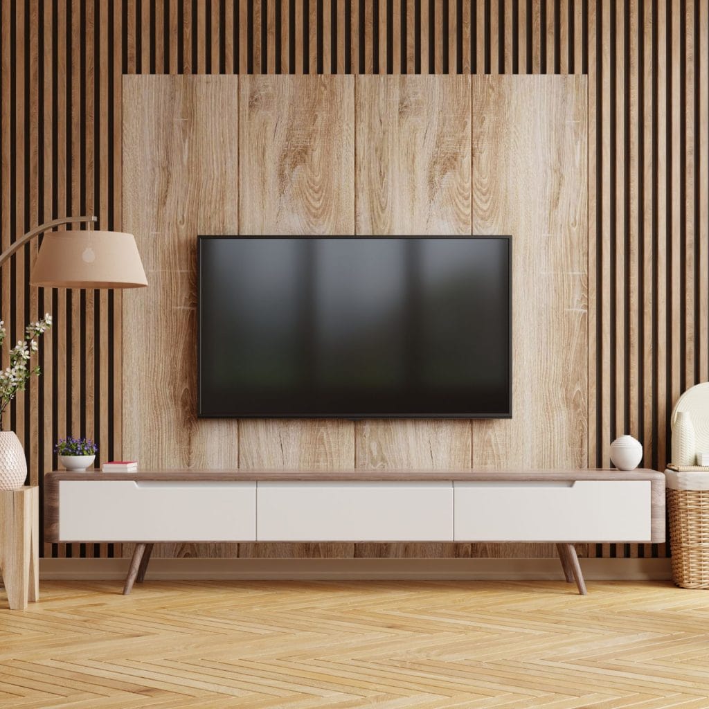 Modern wooden TV wall setup, ideal blank canvas for designing a gallery wall around TV.