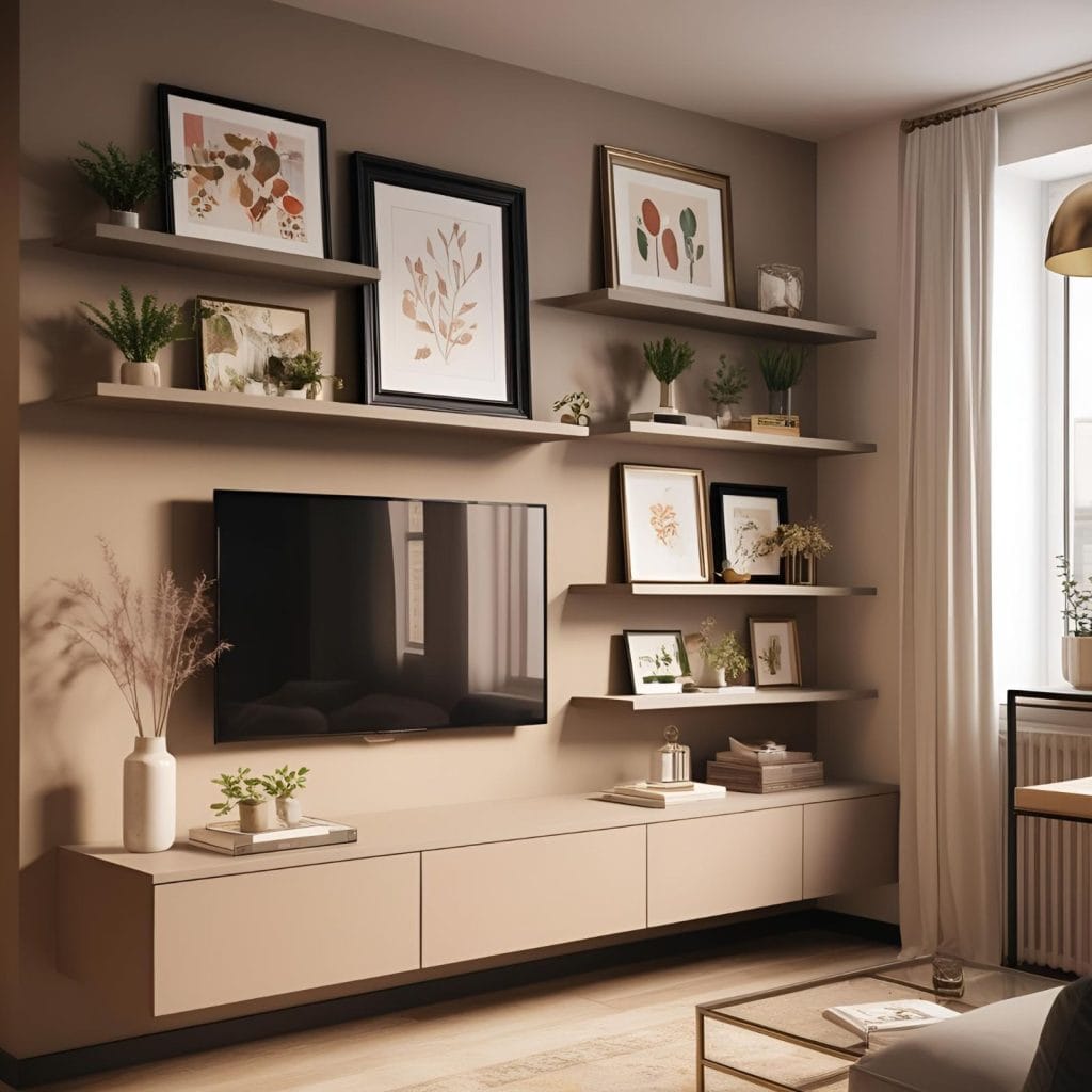 Elegant gallery wall around TV with floating shelves, framed botanical prints, and décor accents.