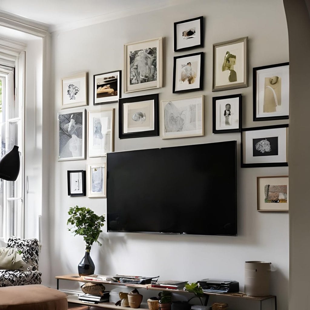 Stylish gallery wall around TV with eclectic framed art in a modern living room setup.